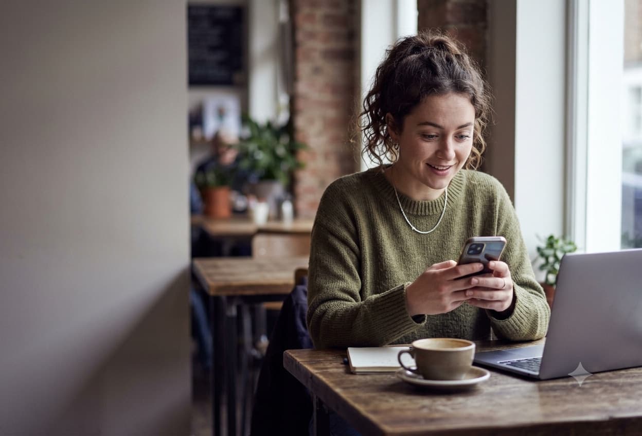 A woman smiling at her phone at a café table beside an open laptop.