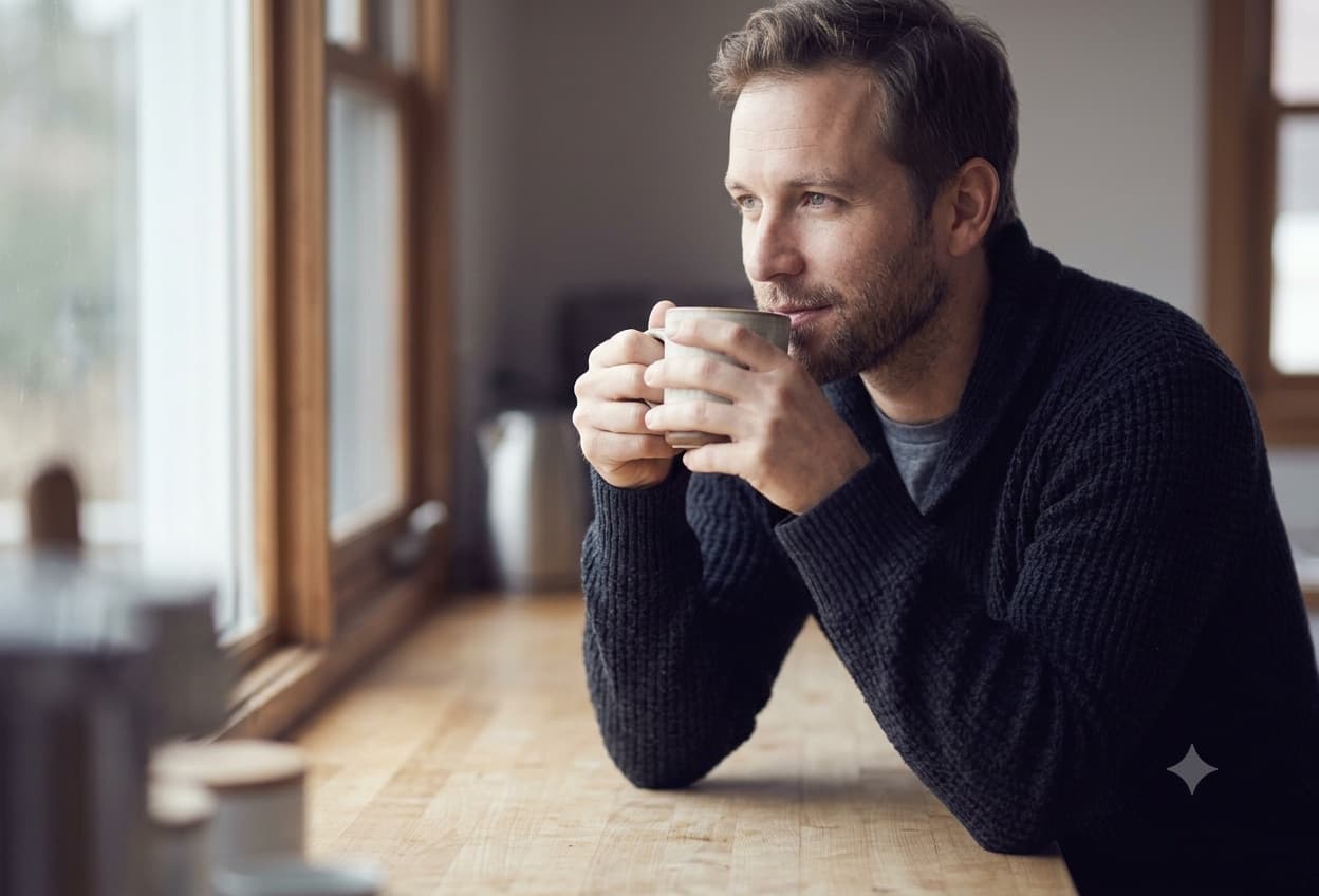 A man holding a mug of coffee, looking out of a window.