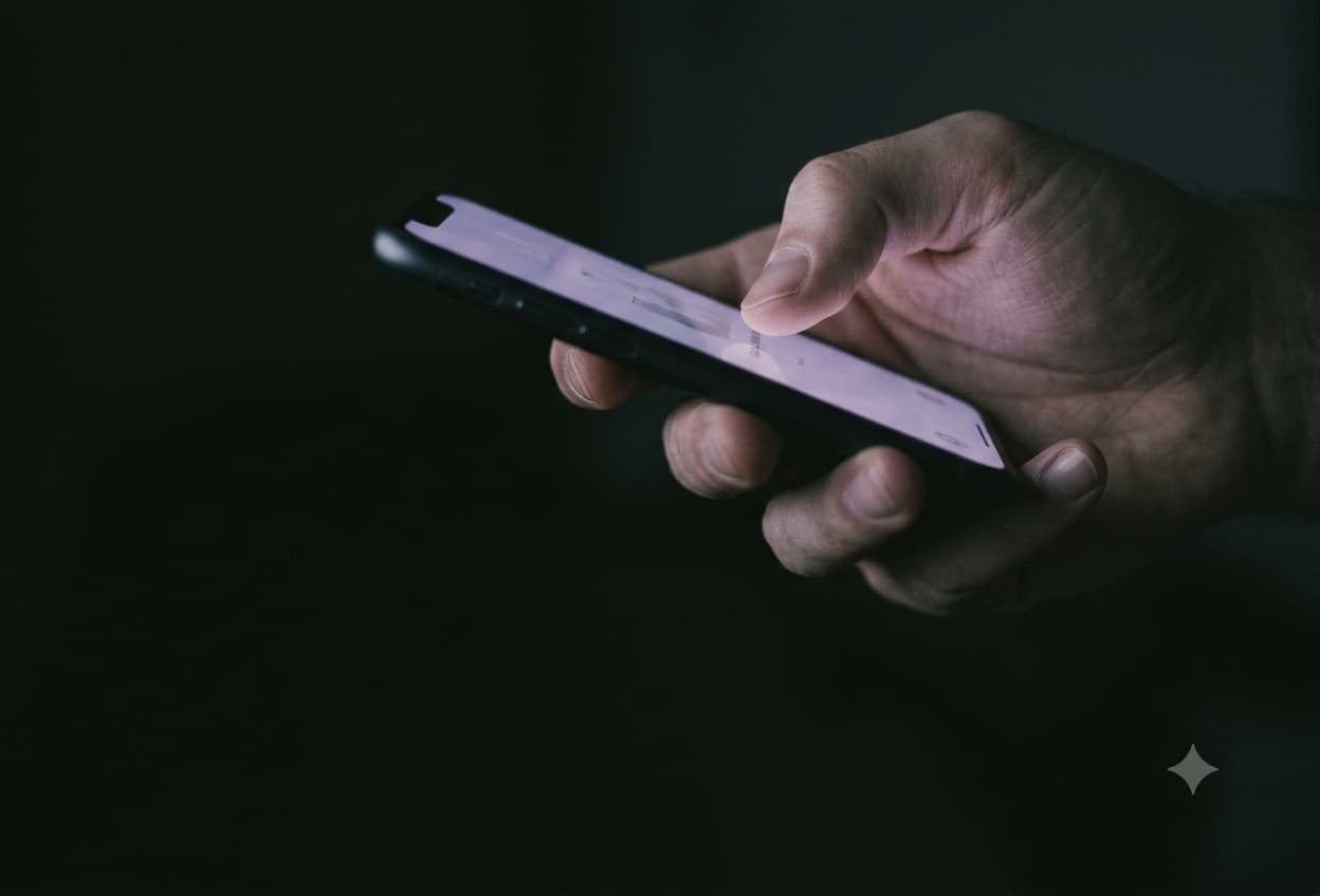 A hand holding a lit smartphone in a darkened room.