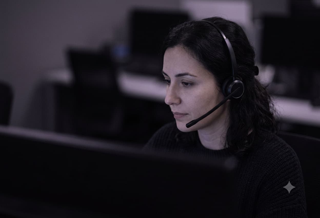 A support agent wearing a headset, working at a monitor in a dark office.