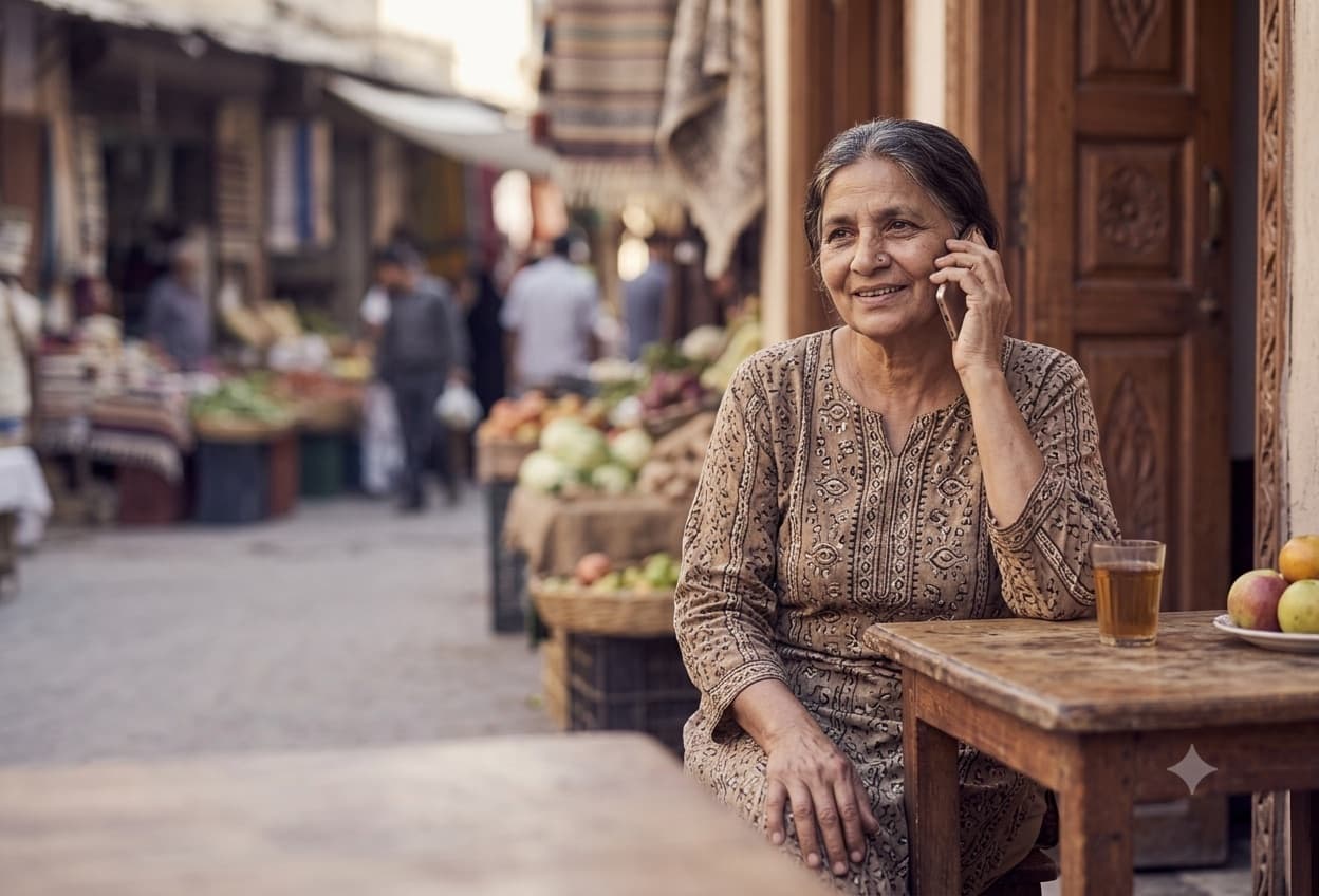 An older woman taking a phone call at a table in an open-air market.