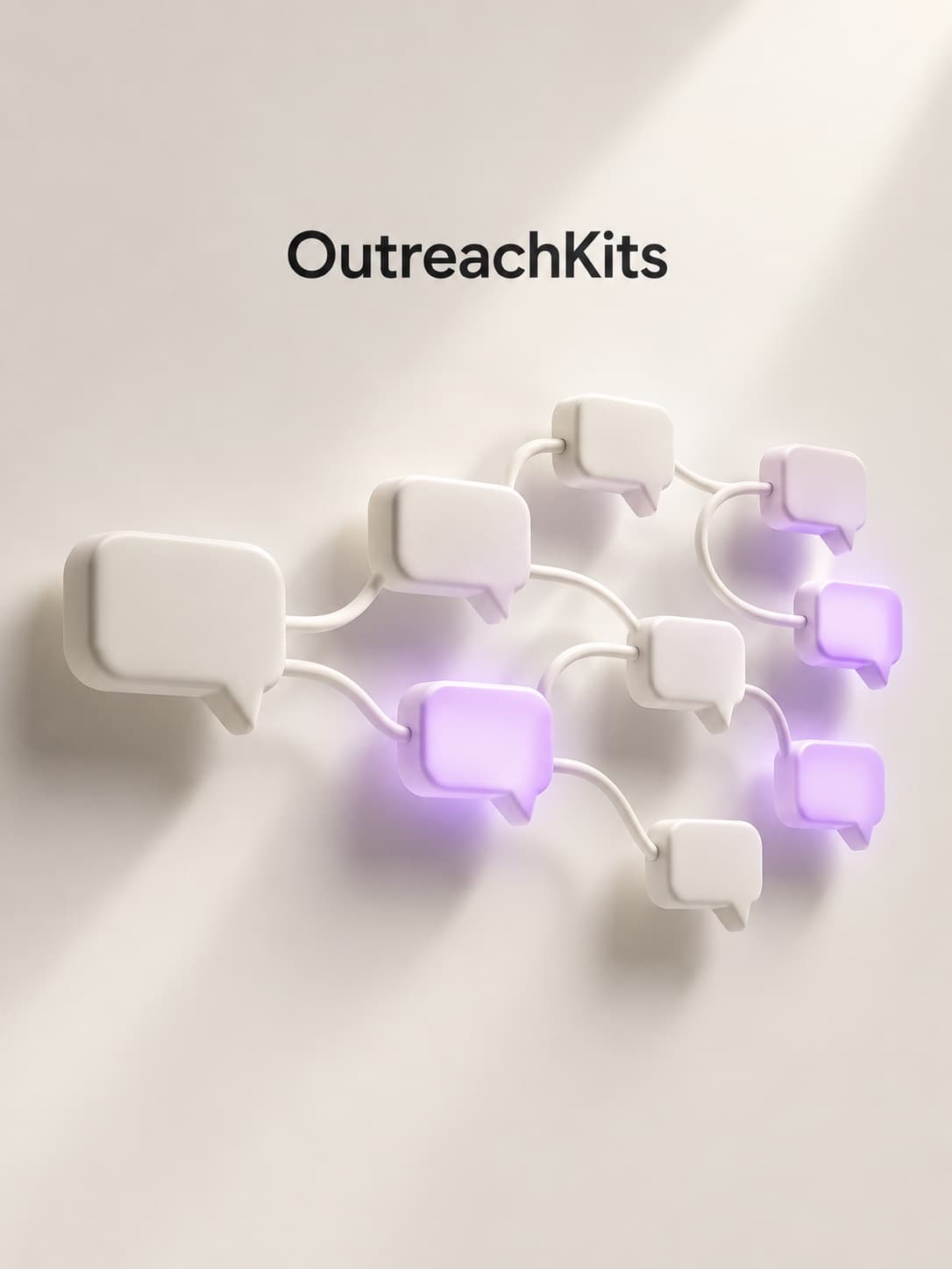 A branching network of 3D speech bubbles, several glowing violet.