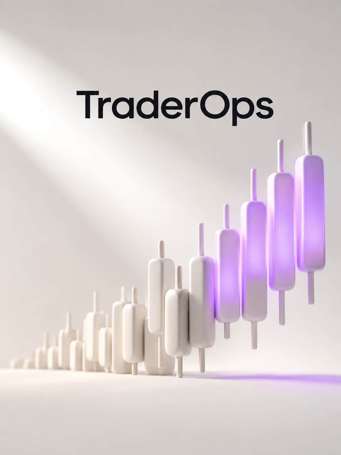 A rising row of 3D candlesticks, the leading ones glowing violet.