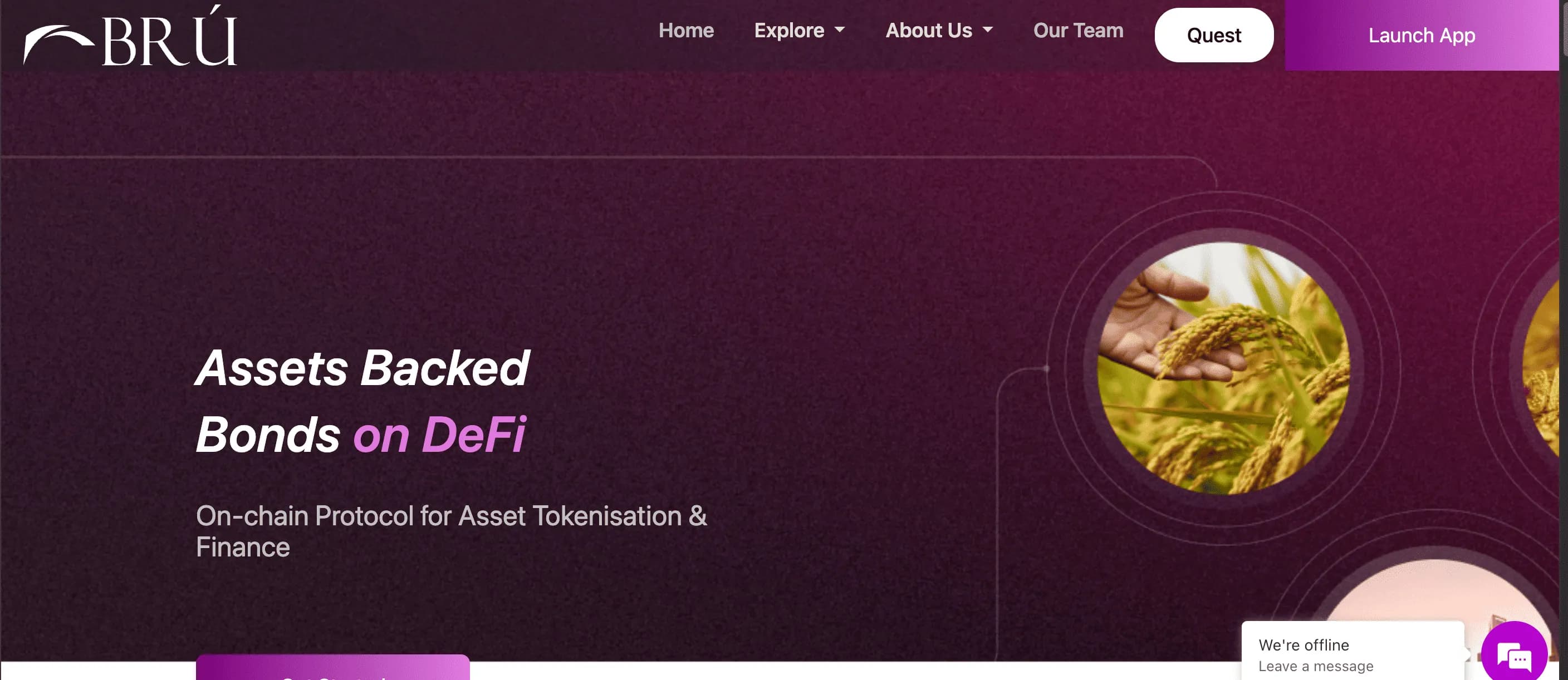 The Bru Finance home page, headed “Assets Backed Bonds on DeFi”, describing the protocol as on-chain asset tokenisation and finance.