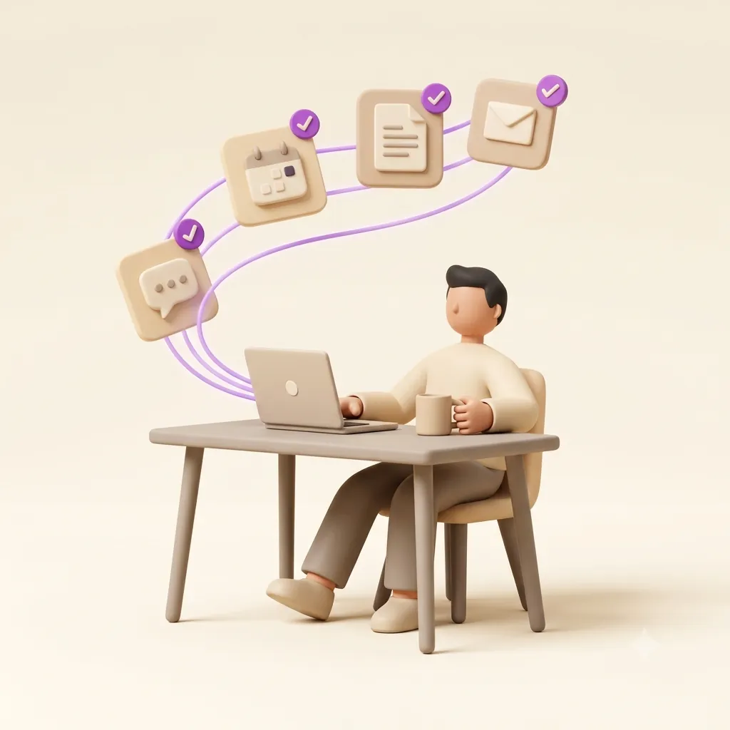 Illustration of a person at a laptop while calendar, document, message and email tasks flow past, each marked done.