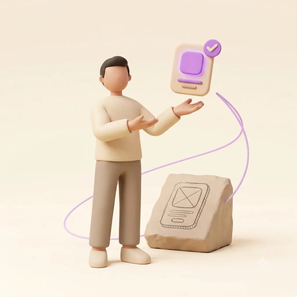 Illustration of a person presenting a finished, approved app screen rising out of a rough wireframe sketch.