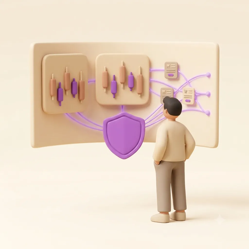 Illustration of a person facing a board of candlestick charts and order tickets, routed through a central shield.