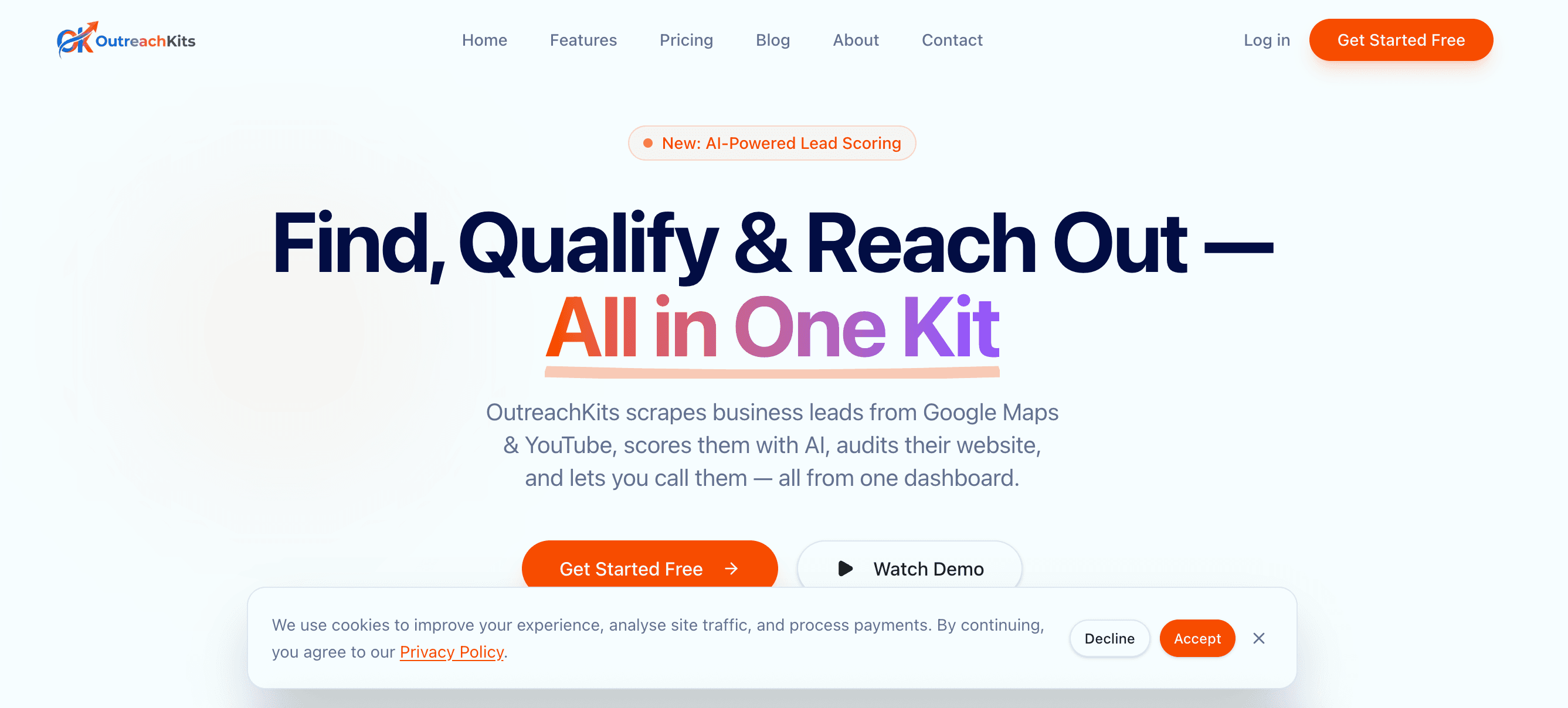 The OutreachKits dashboard: a lead queue with qualification state per row.