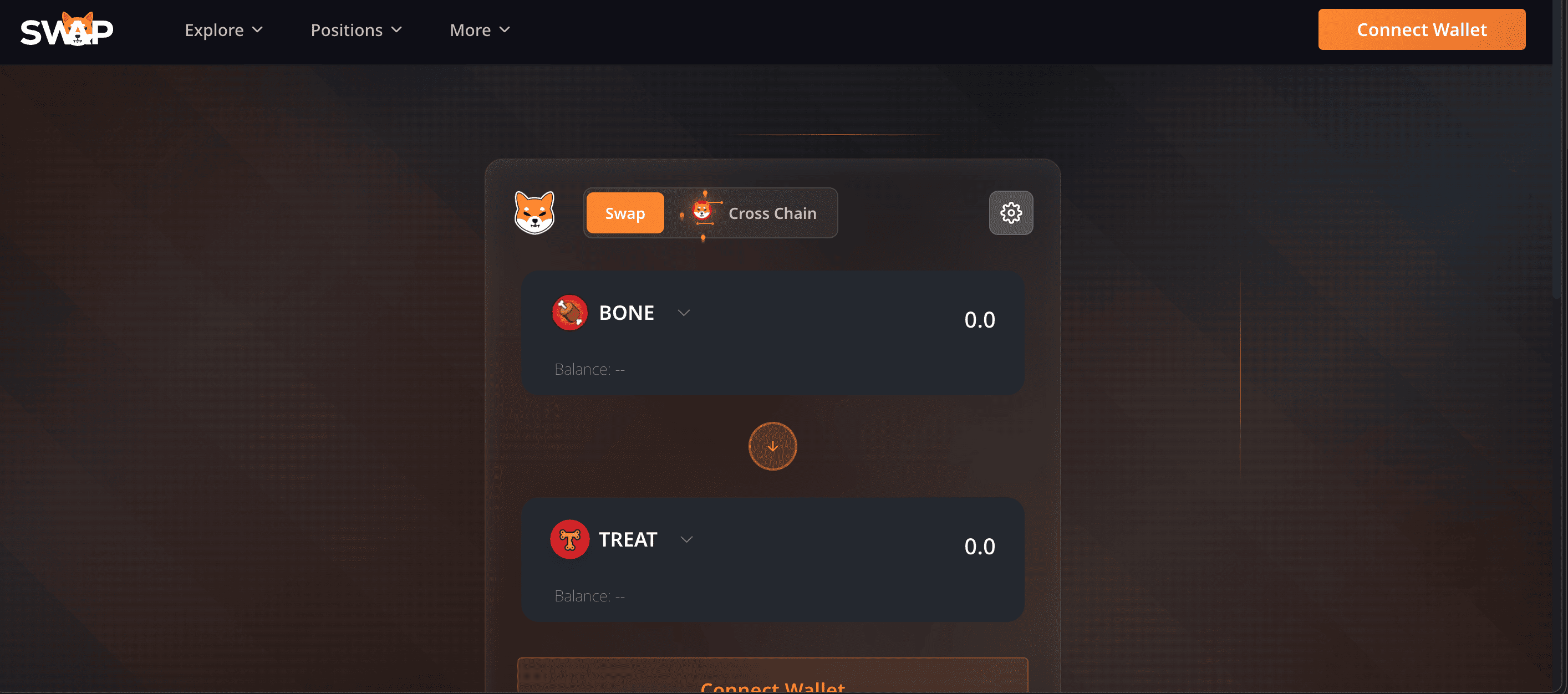 The ShibaSwap swap interface with a Swap and Cross Chain toggle, BONE and TREAT token selectors, and a Connect Wallet button.