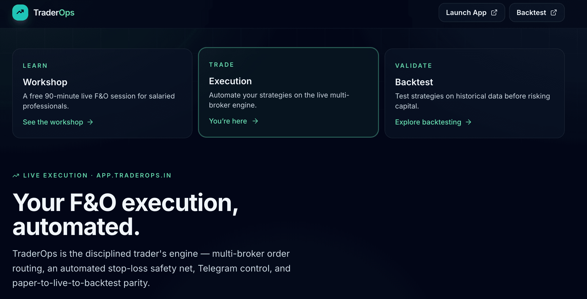 The TraderOps execution view: a strategy run with its order ladder and live position state.