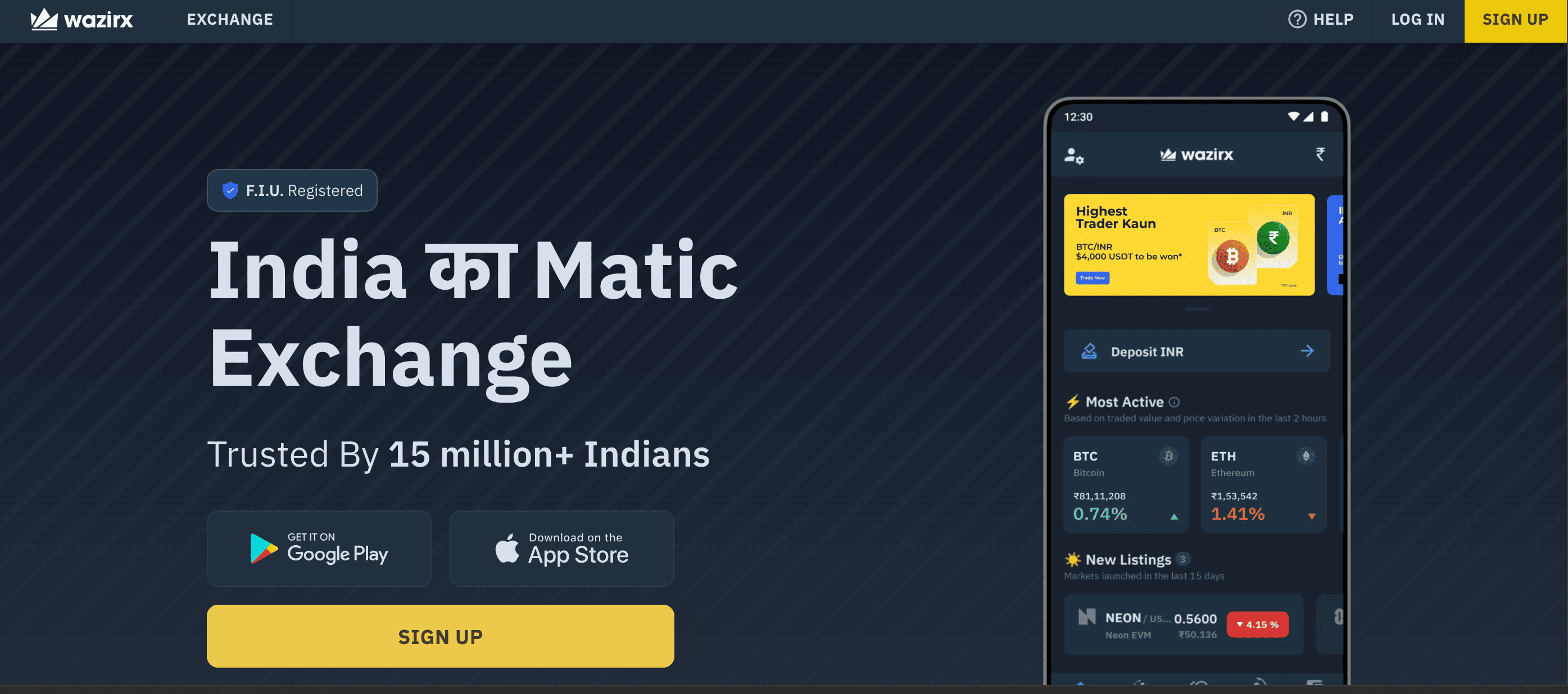 The WazirX exchange home screen, with the mobile app beside it showing INR deposits, most-active markets and recent listings.