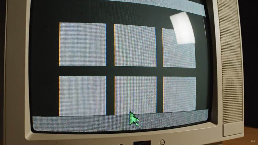 A close shot of a beige CRT monitor showing a finished web page: a heading bar across the top, six empty boxes below it, and a green arrow cursor resting at the bottom.