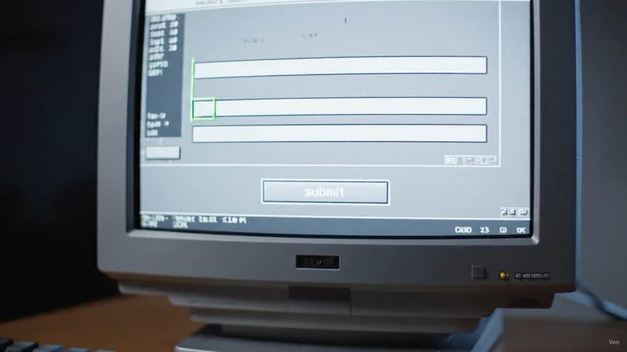 A grey CRT monitor showing a plain web form: three empty fields, a cursor resting in the second, and a submit button below them.