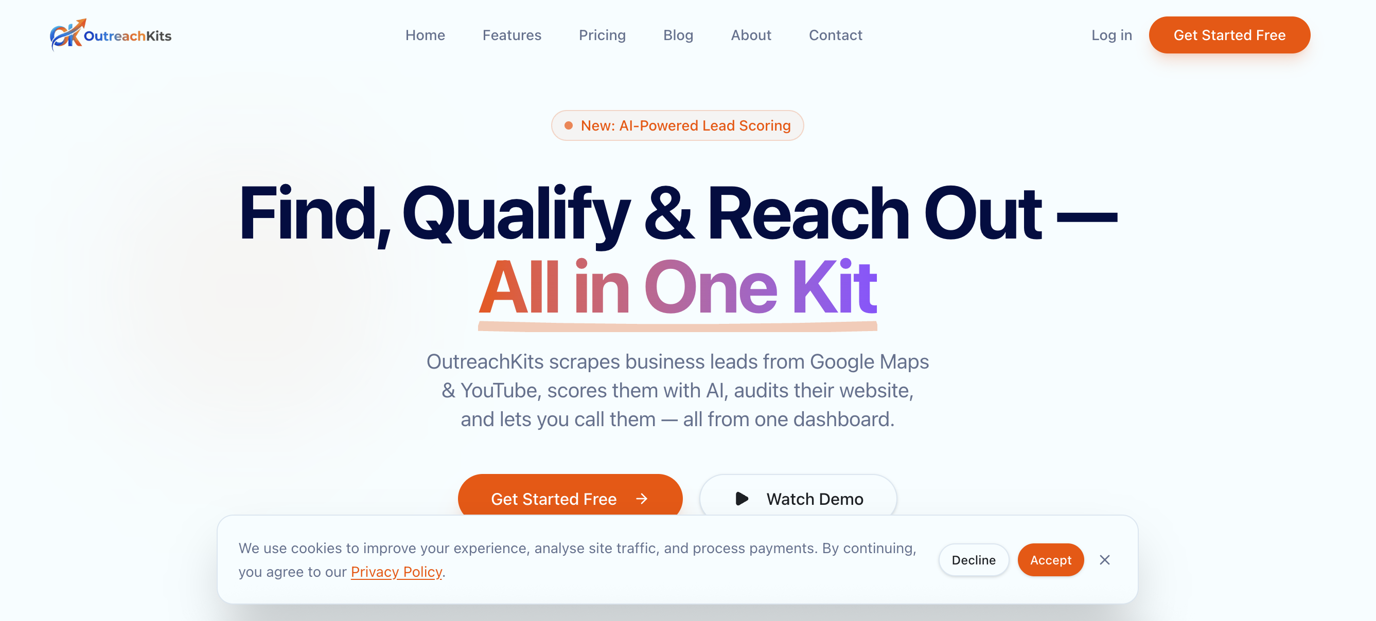 OutreachKits dashboard showing scraped leads from Google Maps and YouTube with AI quality scores, website audits, and built-in calling.