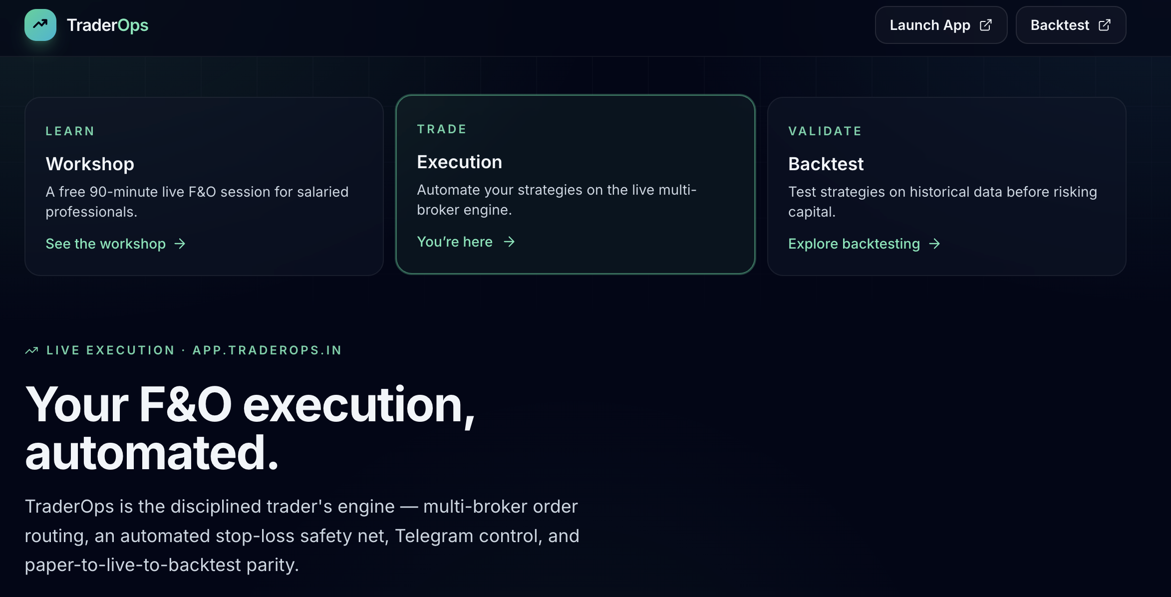 TraderOps trading operating system dashboard showing strategy builder, multi-broker execution, and live P&L monitoring.